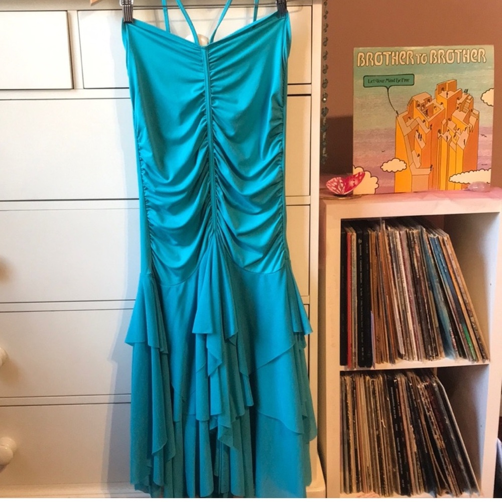 Vintage Y2K Peacock Blue Tiered Fairy Dress Large VS 2000’s Sexy Fun Cute Party